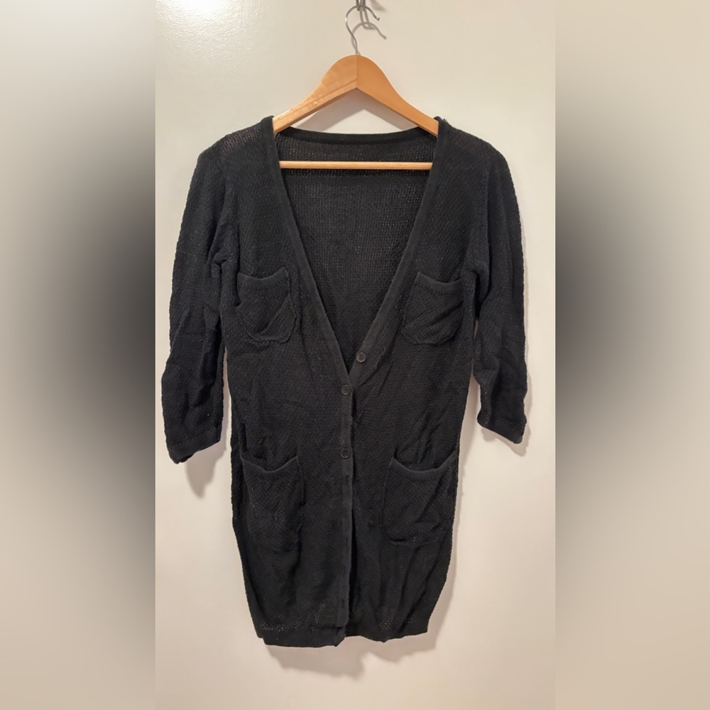 Black long cotton knit cardigan four pockets